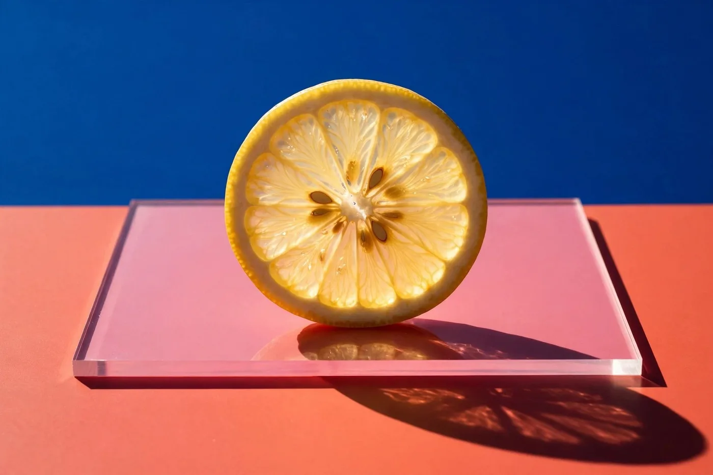 Muse Image preview showing a lemon slice balanced on a translucent pink surface against a blue background